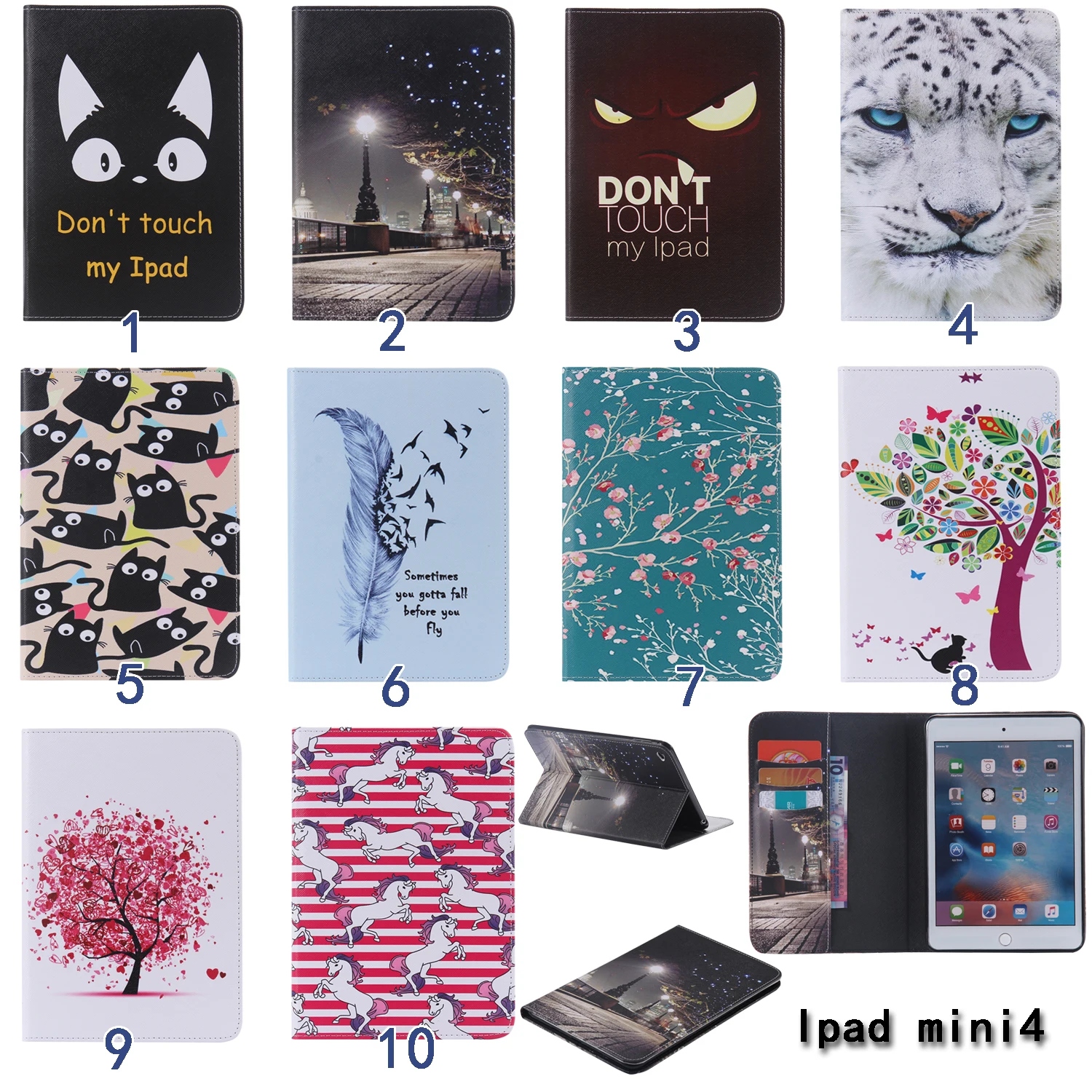 

For Apple iPad Mini 4 case Flower tree Feather Cat print Wake Up Fold Stand Leather Case Smart Cover For iPad Mini4 tablet #1