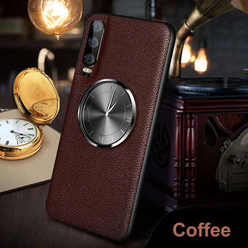 Coffee Кожаный чехол с зернистой текстурой личи для huawei P30 P30Pro, чехол для просмотра времени, металлический стеклянный чехол для часов huawei mate 20 Pro P20 20Pro Capa - Цвет: Coffee