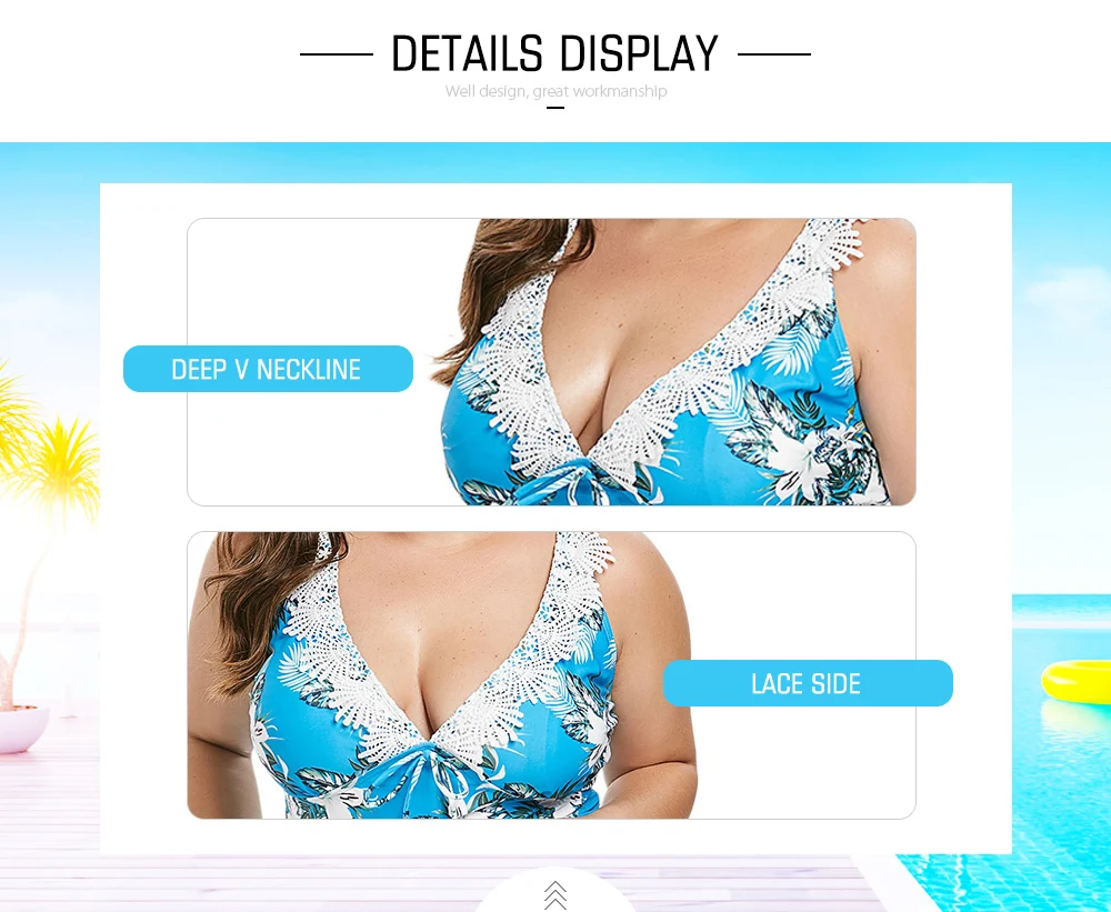 Плюс Размеры Цветочный принт кружево Панель набор бикини Biquini Swimdress пляжный купальник купальники невесомый