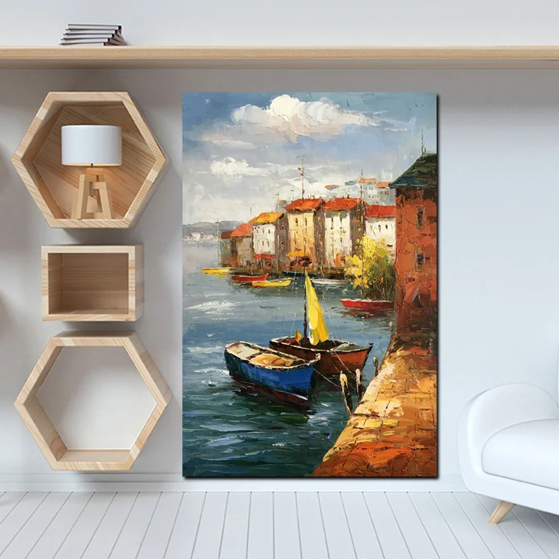 YWDECOR ручная роспись Морской порт деревня холст с лодкой Масляные картины 60x90 см
