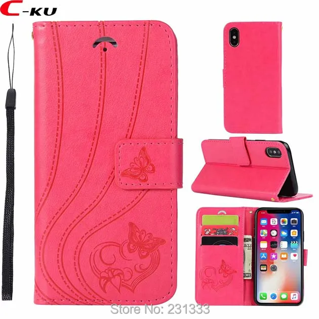 Кожаный чехол кошелек C ku с бабочками для Iphone X 8 7 PLUS I7 6 6S SE 5 подставкой в форме