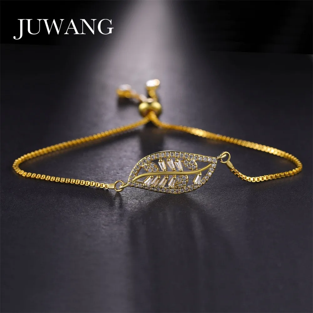 

JUWANG Leaf Cubic Zircon Bracelets&Bangles for Women Luxury Fashion Adjustable Shiny AAA CZ Gold Link Chain Charm Bracelet