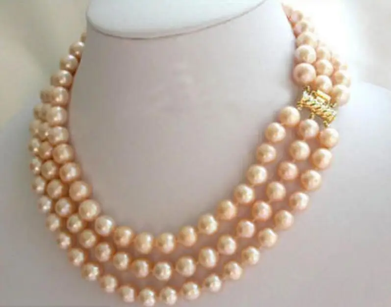 

Charming 3Rows 8-9mm Round Pink Pearls Necklace 17"-19"