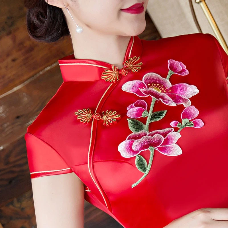 

S-4XL Red Ladies Rayon Cheongsam Spring Chinese style Mandarin Collar Long Dress Womens Qipao Slim Party Dresses Vestido