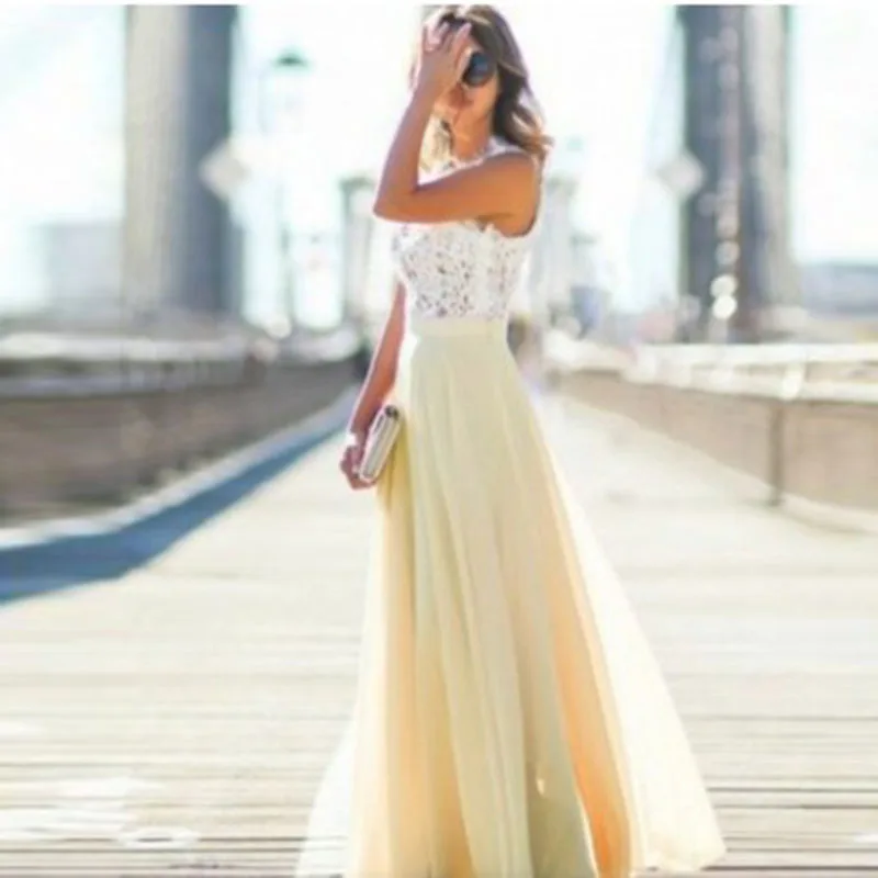 2018 Long Maxi Beach Summer Dress Plus Size Vestido Women Sleeveless Lace Patchwork Chiffon Boho O-Neck Party Dresses | Женская одежда