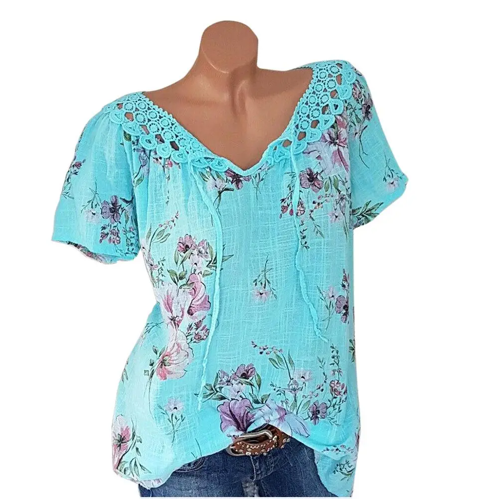 MISSKY 2019 New Women Spring Summer t shirt Lace Edge Hollow Out V-neck Fashion Print Short Sleeve T-shirt Female Clothes | Женская