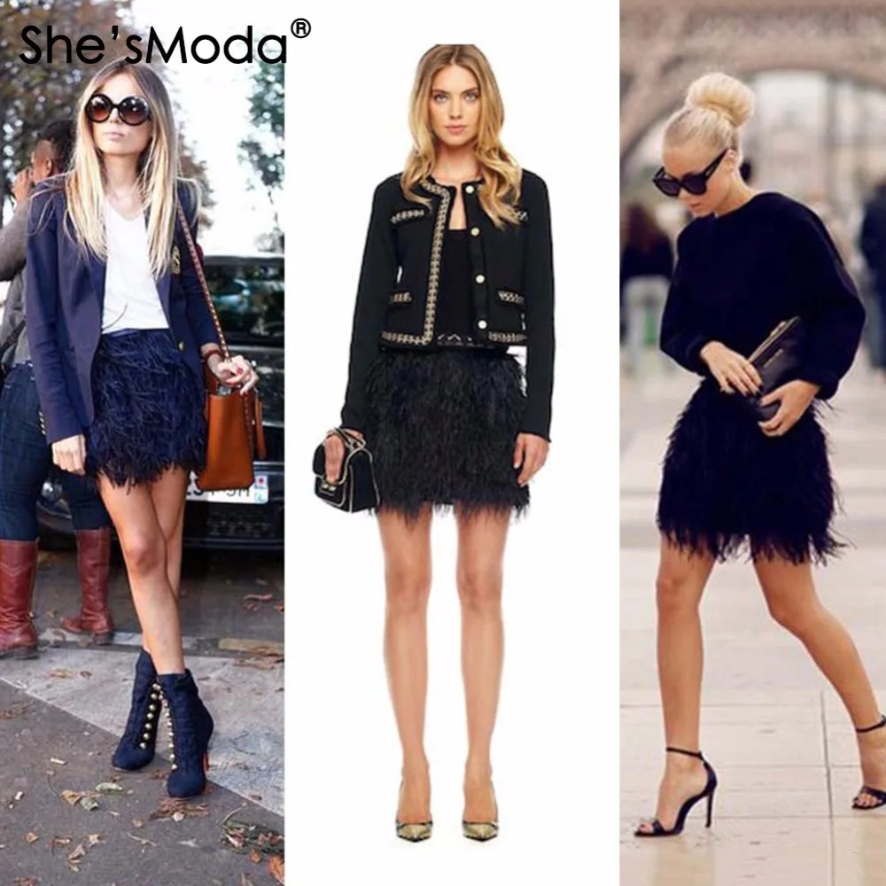 She'smoda страуса Перо замша подкладка Для женщин свадьбу прямо до колен Длина юбка