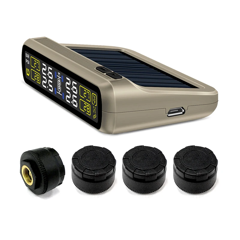 Сигнализация давления в шинах TPMS с 4 датчиками USB кабелем и солнечной панелью