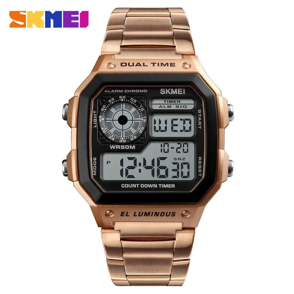 Rose Gold SKMEI мужские спортивные часы мужские водонепроницаемые часы из нержавеющей стали модные цифровые наручные часы Мужские часы Relogio Masculino - Цвет: Rose Gold