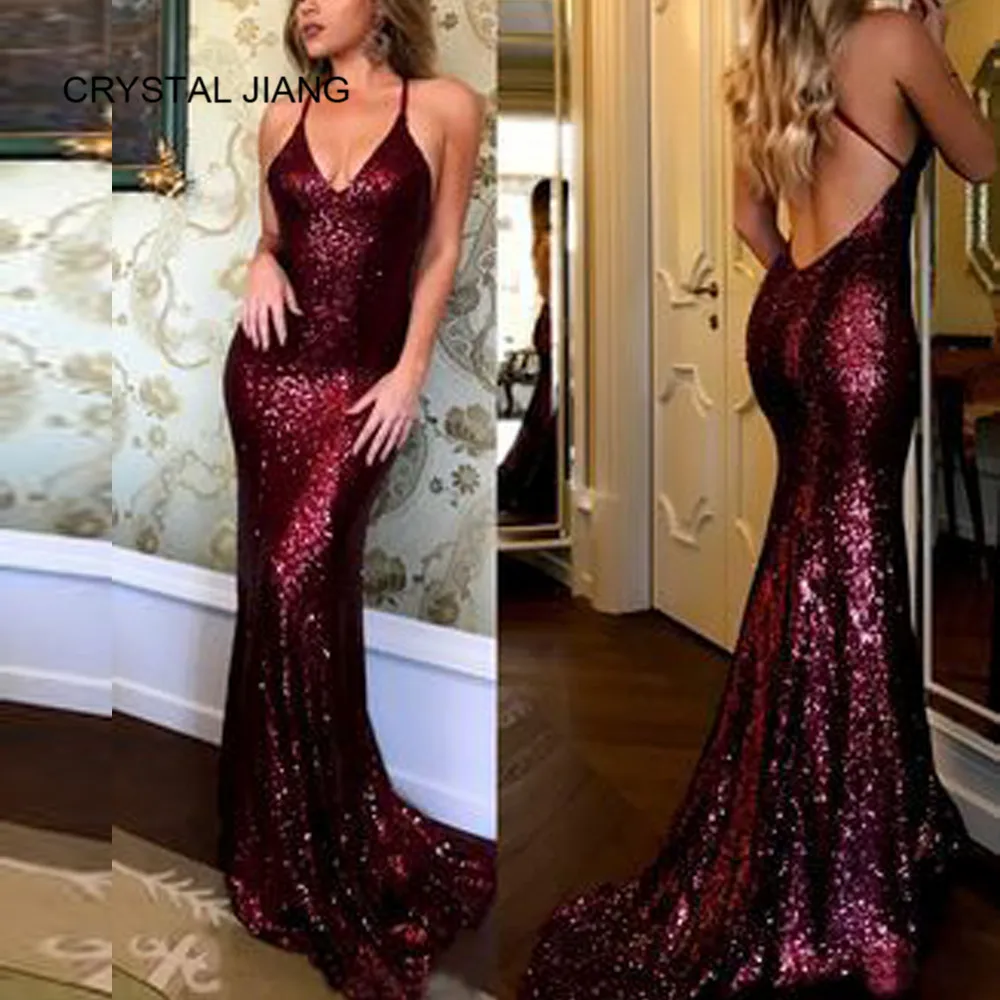 

Formal Dress Women Elegant 2018 Sexy V Neck Sequins Cross Back Custom made Sweep Train robe de soiree longue 2018 Evening Dress