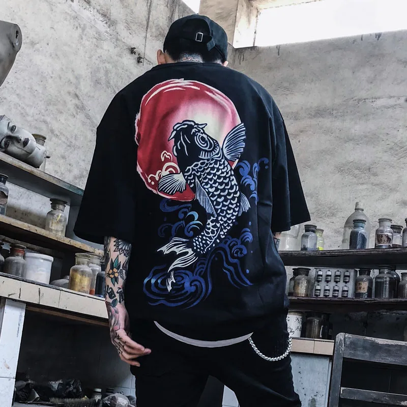 Японский Ukiyoe стиль мужская футболка с принтом волны Карп рыбы высокое качество