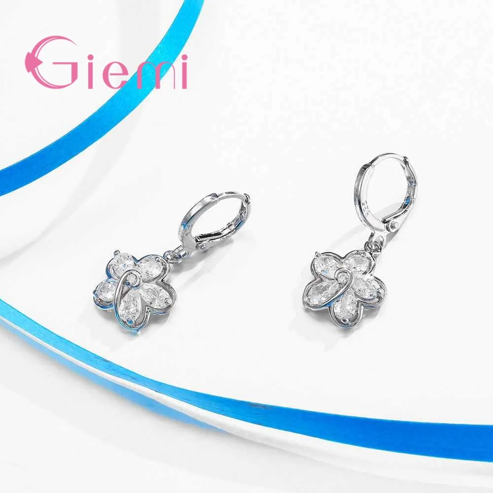

Exquisite Crystal Flower Hoop Earring Sets 925 Sterling Silver Pendant Necklace for Women Engagement Party Jewelry