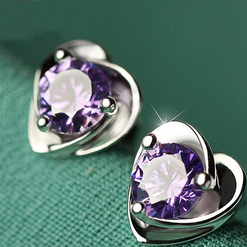 Горячая Любовь Сердце Фиолетовый Стразы посеребренные серьги-гвоздики женские