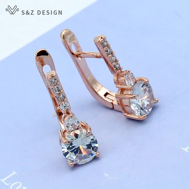 

S&Z Round Micro Wax Inlay Cubic Zirconia Dangle Earrings 585 Rose Gold For Japan/South Korea Women Girl's Luxury Party Jewelry