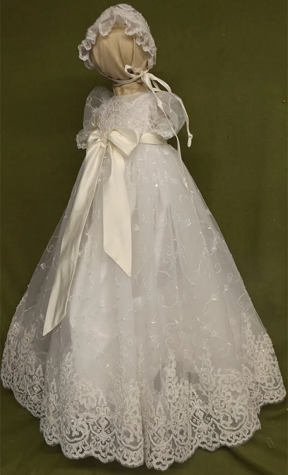 Noble Baptism Gown White Ivory Christening Dress 0-24month Baby Girl Boy Robe With Bonnet | Детская одежда и обувь