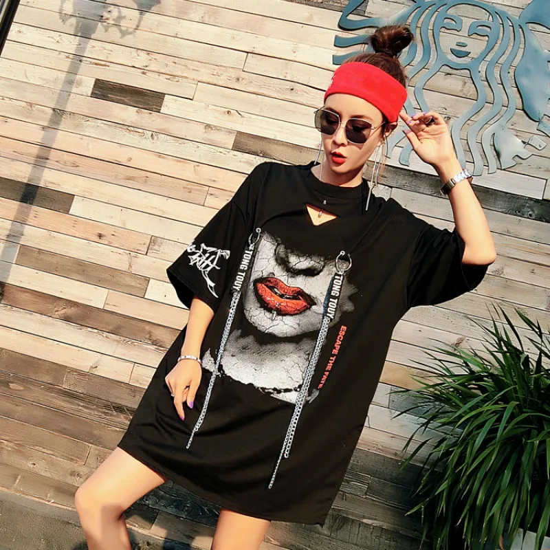 Vefadisa Chain Decoration Shirt for Women 2018 Casual Tops Character Print Summer T Short Sleeve Plus Size AD1903 | Женская одежда