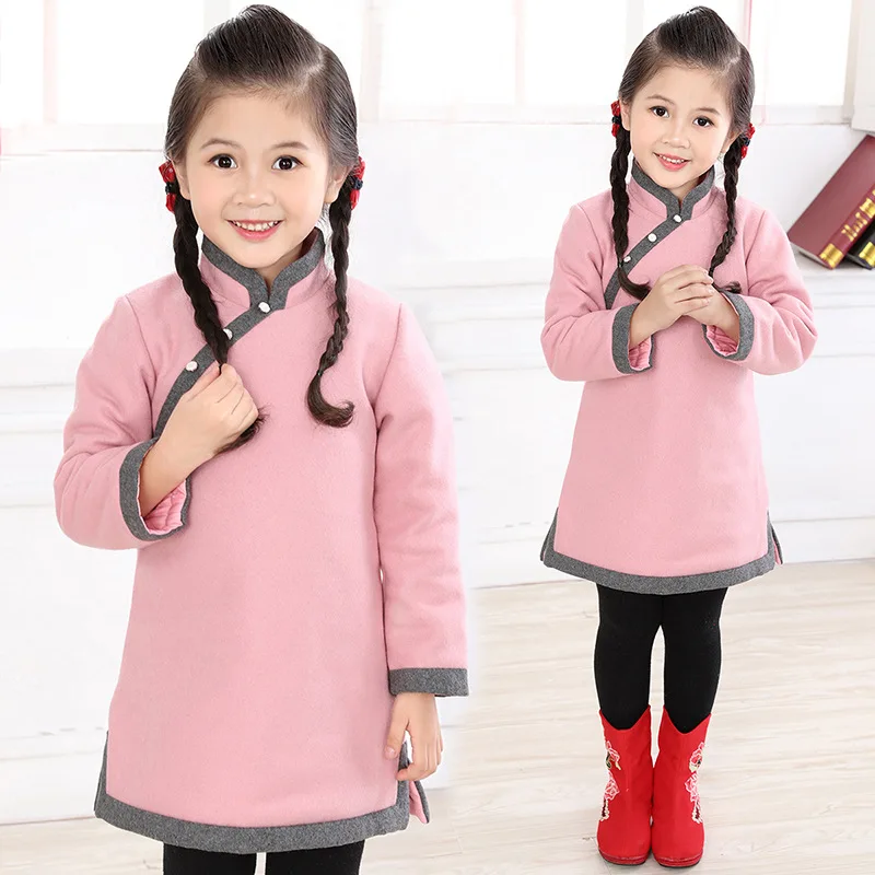 Autumn Winter Chinese Featured Qipao Girls Dresses Long Sleeves Warm Kids Dress Clothes Baby Toddler Children | Детская одежда и
