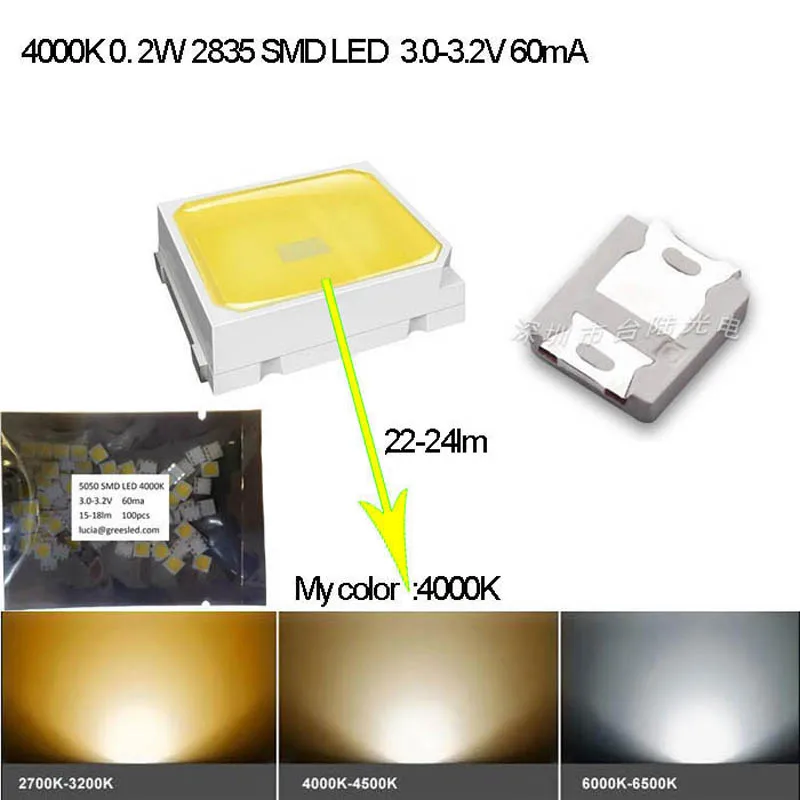 Специальный натуральный белый (4000K) 2835 SMD светодиоды 0 2 Вт 3 в 60 мА 22 24 лм 3000 шт./лот