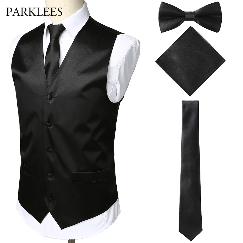 

Satin Stage Vest Men(Suit Vest+Tie+Pocket Square+bow tie)4 Pieces Mens Sleeveless Wedding Dress Vests Gilet Tuxedo Waistcoat