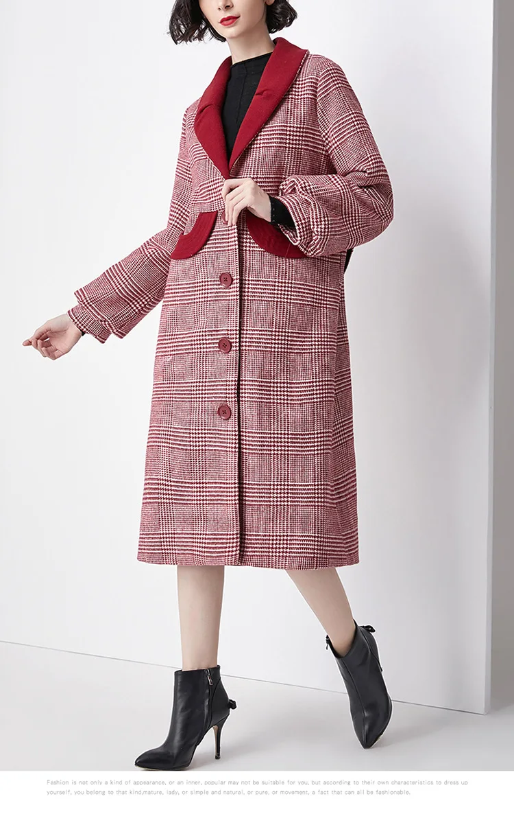 Женское однобортное шерстяное пальто красное теплое длинное в клетку