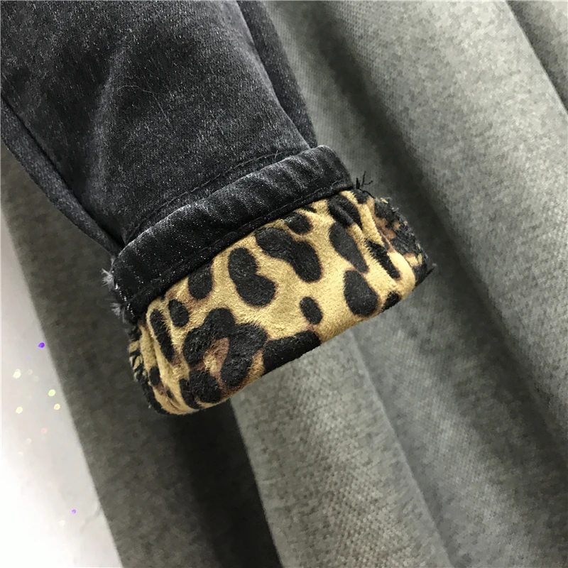 plus size 26-30 winter women fashion leopard print hole elastic high waist thick skinny pencil jeans |