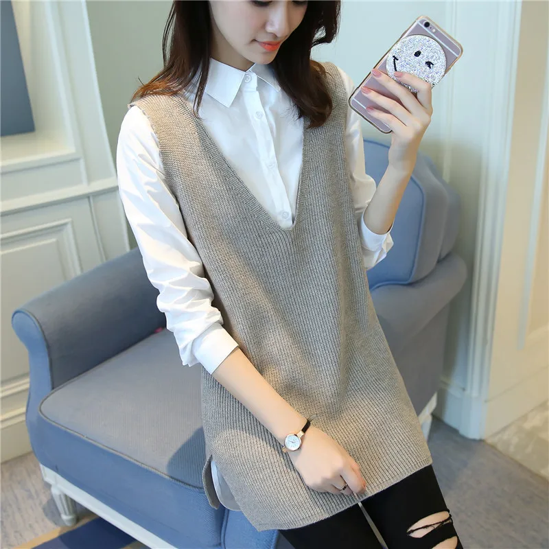 Loose V-neck long sweaters women's head sleeveless sweater vest outer jacket |