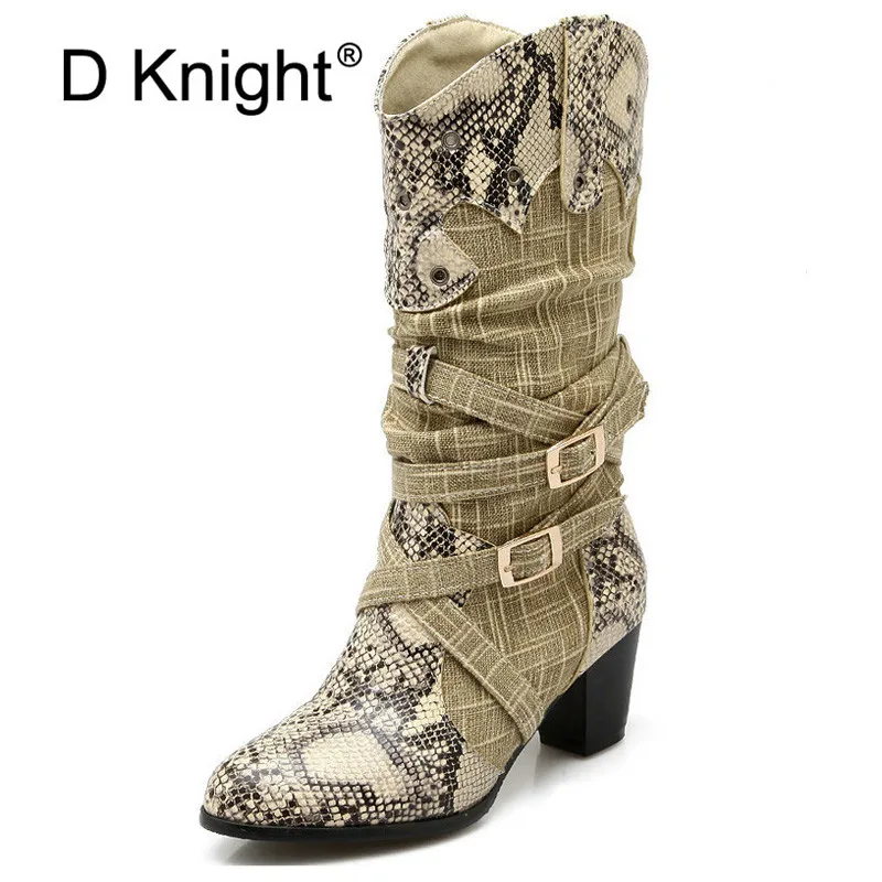 Женские ковбойские сапоги D Knight зимние до середины икры со змеиным принтом