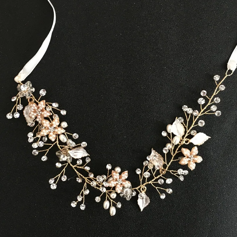 

SLBRIDAL Wired Rhinestone Crystal Freshwater Pearls Wedding Headband Bridal Hair Vine Hair Accessories Bridesmaids Women Jewelry