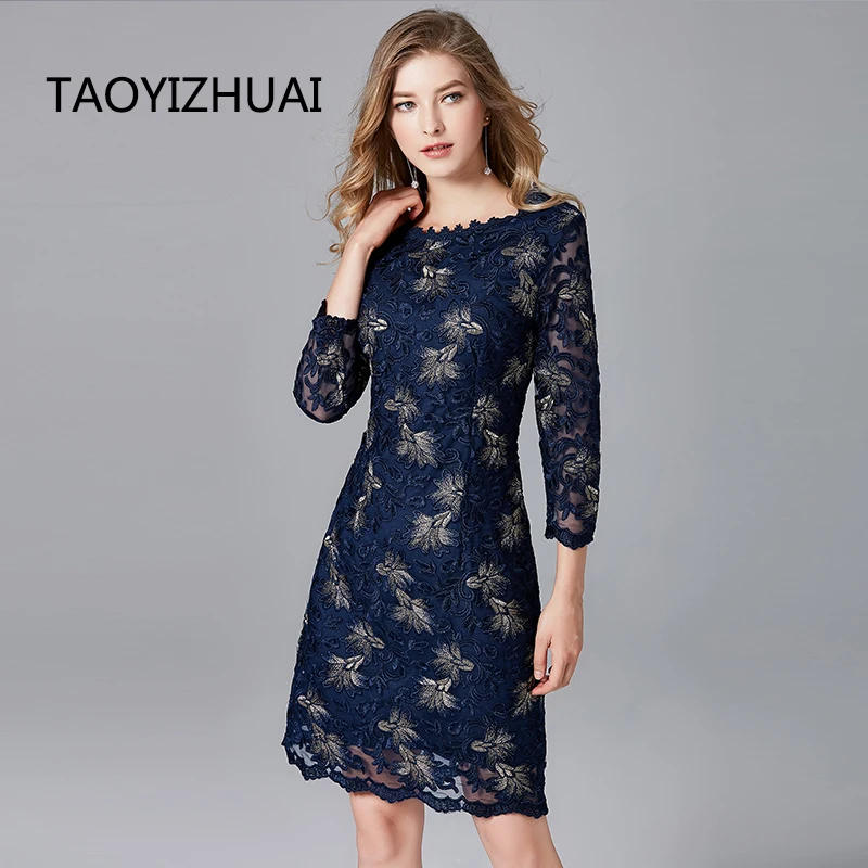 Женское платье с вышивкой TAOYIZHUAI винтажное темно синее кружевное большого