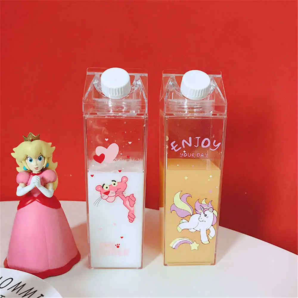 Ins Cute Pink Leopard Water Bottles Creative Milk-box Shape Bottle Transparent Portable Cartoon Unicorn Plastic Milk | Дом и сад