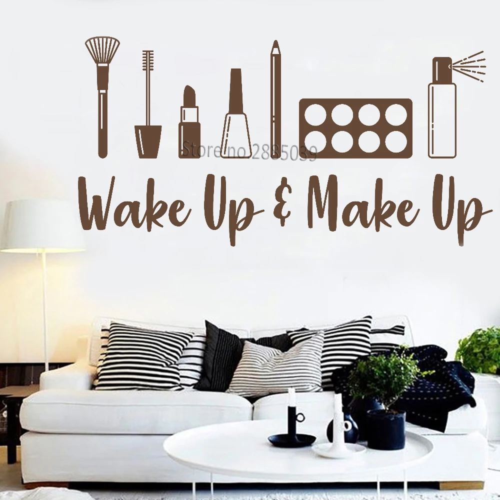 Wake up and Make Up Quote Наклейки на стену Наклейка на стену винил, искусство, дизайн, брови макияж инструменты фрески красота студия украшения LC975