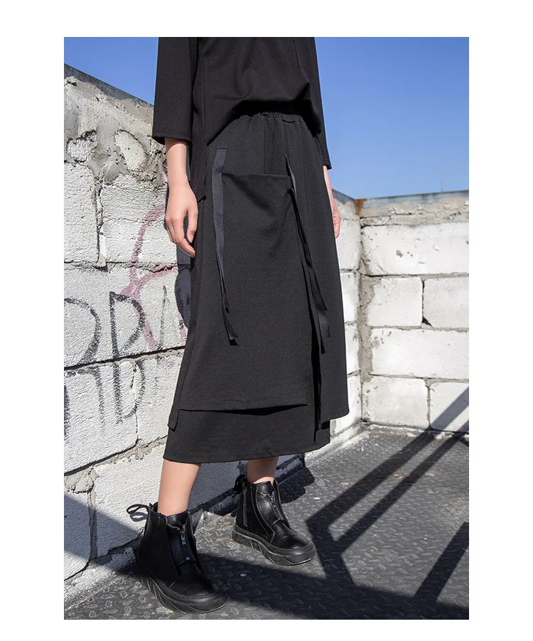Fashion Women Elastic Waist Skirts Female New Pockets Lace-up Side Open Skirt