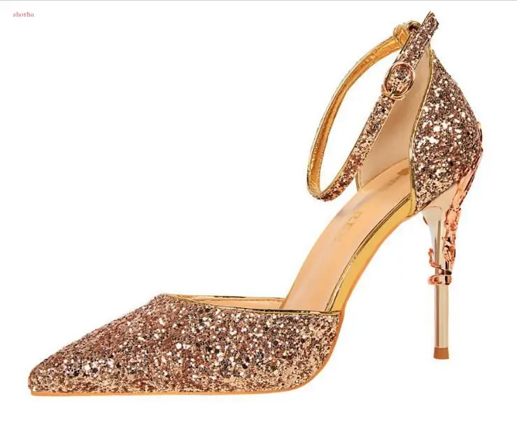 

New Women Hollow Pumps Wedding Shoes Bride Sexy High Heels Pointed Toe Bling Sequin Party Heel Shoes Gold Red Women Heel Sandal