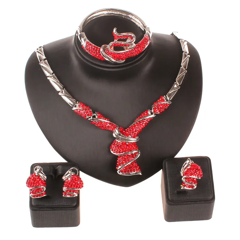 

New African bead jewelry set for women party accessories silver plated Red Rhinestone Wedding necklace earring jewelry sets