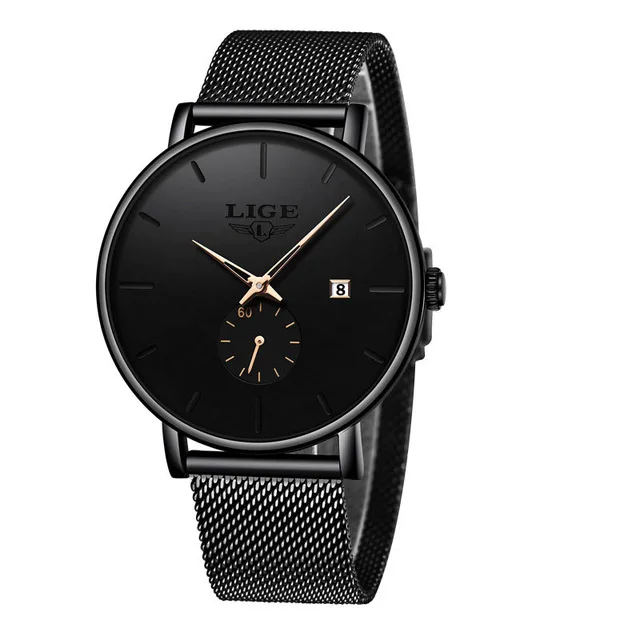 Black rose gold Новинка, LIGE, золотые, повседневные, с сетчатым ремешком, модные, кварцевые, золотые, мужские часы, Топ бренд, Роскошные, водонепроницаемые часы, Relogio Masculino - Цвет: Black rose gold