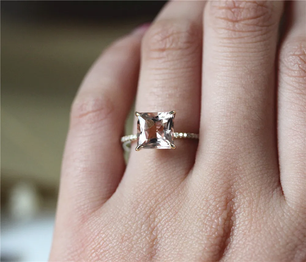 

DUPUY 2018 Hot Sale 8mm Princess Cut Morganite Engagement Ring 14K Yellow Gold Gemstone Ring Half Eternity Diamonds Fine Jewelry