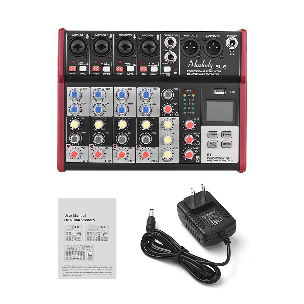 US plug Muslady SL-6 Портативный 6-канальный смешивания консольный микшер 2-полосным эквалайзером встроенный 48V Phantom Мощность поддерживает подключения BT USB MP3 плеер - Цвет: US plug