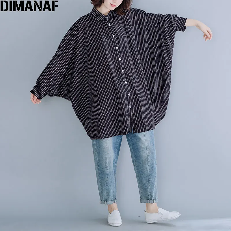 DIMANAF, женская блузка размера плюс, новинка, осенняя, рукав летучая мышь, в полоску, Женский Топ, свободный, большой размер, с принтом, повседневная одежда, 5XL