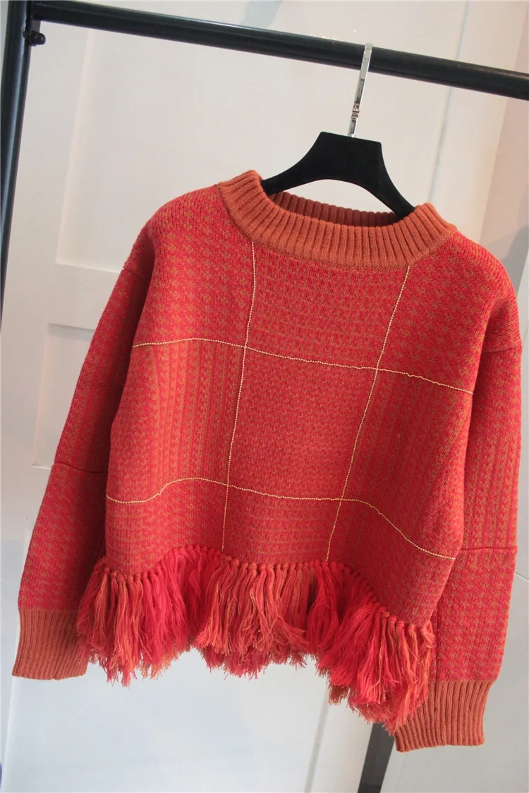Winter 2018 Women Thick Sweater and Pullover Runway Orange Gray Ladies Fashion Long Sleeve Female Tassel Knitted Jumper Clothing | Женская
