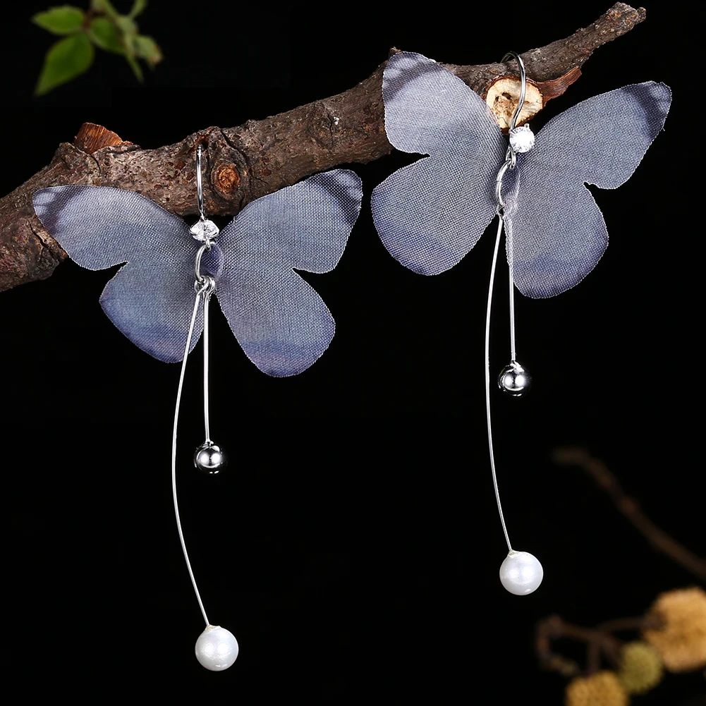 Благородные новые модные розовые и белые кружевные висячие серьги с бабочкой