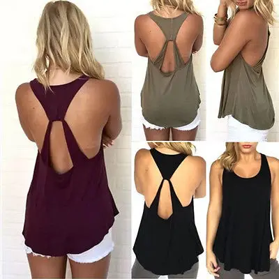 Летняя женская футболка без рукавов с открытой спиной и низким вырезом майка топ