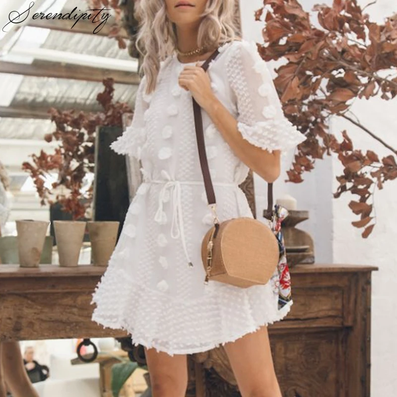 Elegant Fashion White Women Beach Dress Casual Ruffle Short Sweet Summer Mini Sash Dot Vestidos O neck Solid|Женские платья| |