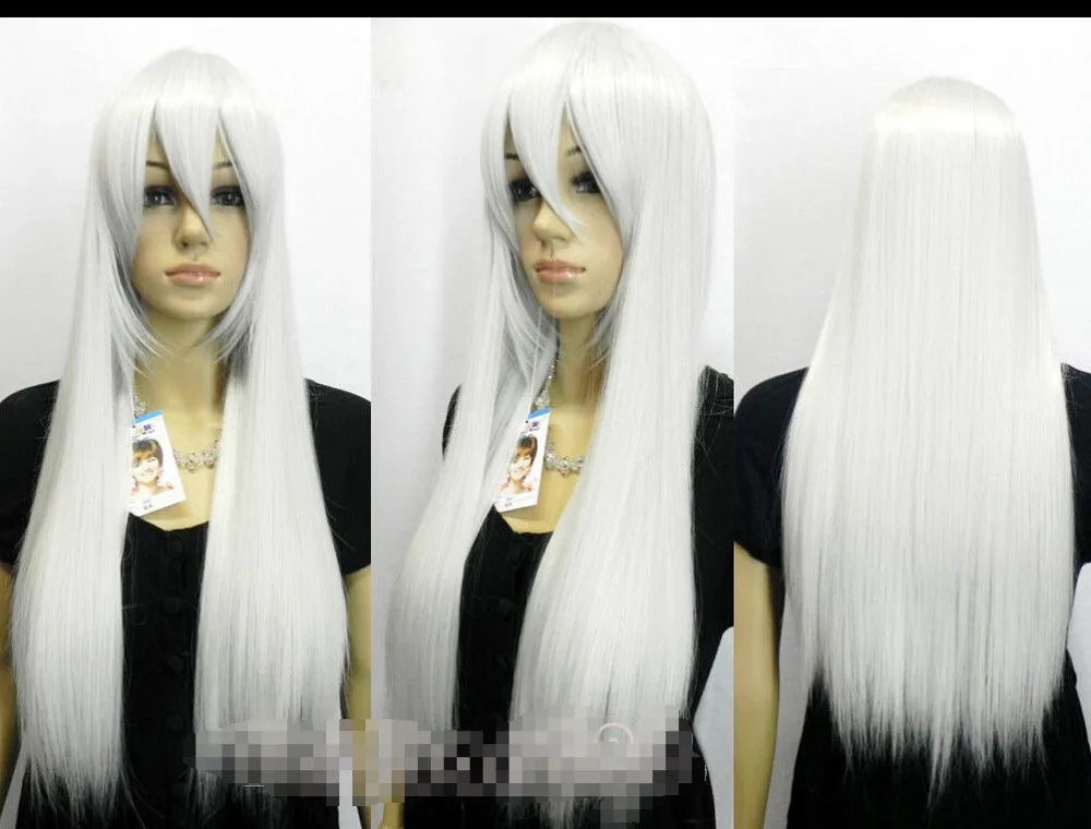 Марка Мода Серебристый Белый женская Длинные Прямые Косплей Полный Парик Волос