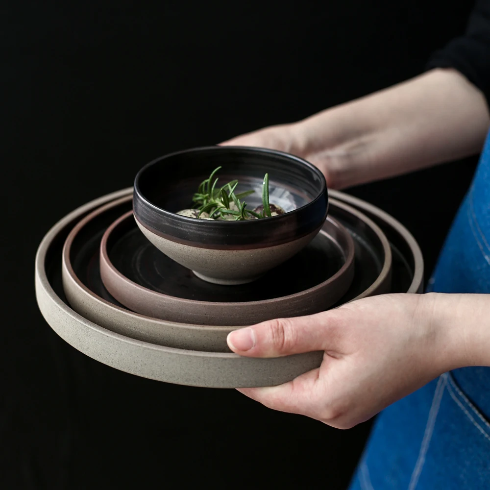 Винтажная посуда ручной работы из керамики плоская бытовая тарелка миска для