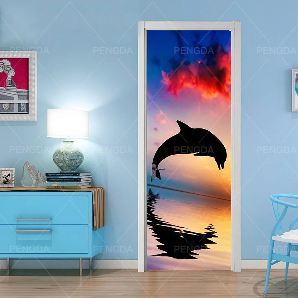 Door LXR3056-01 Наклейка на Дверь Самоклеющиеся Обои Diy принт Дельфин ландшафтное искусство картина домашний декор Фреска гардероб переводная бумага для обновления интерьера - Цвет: Door LXR3056-01