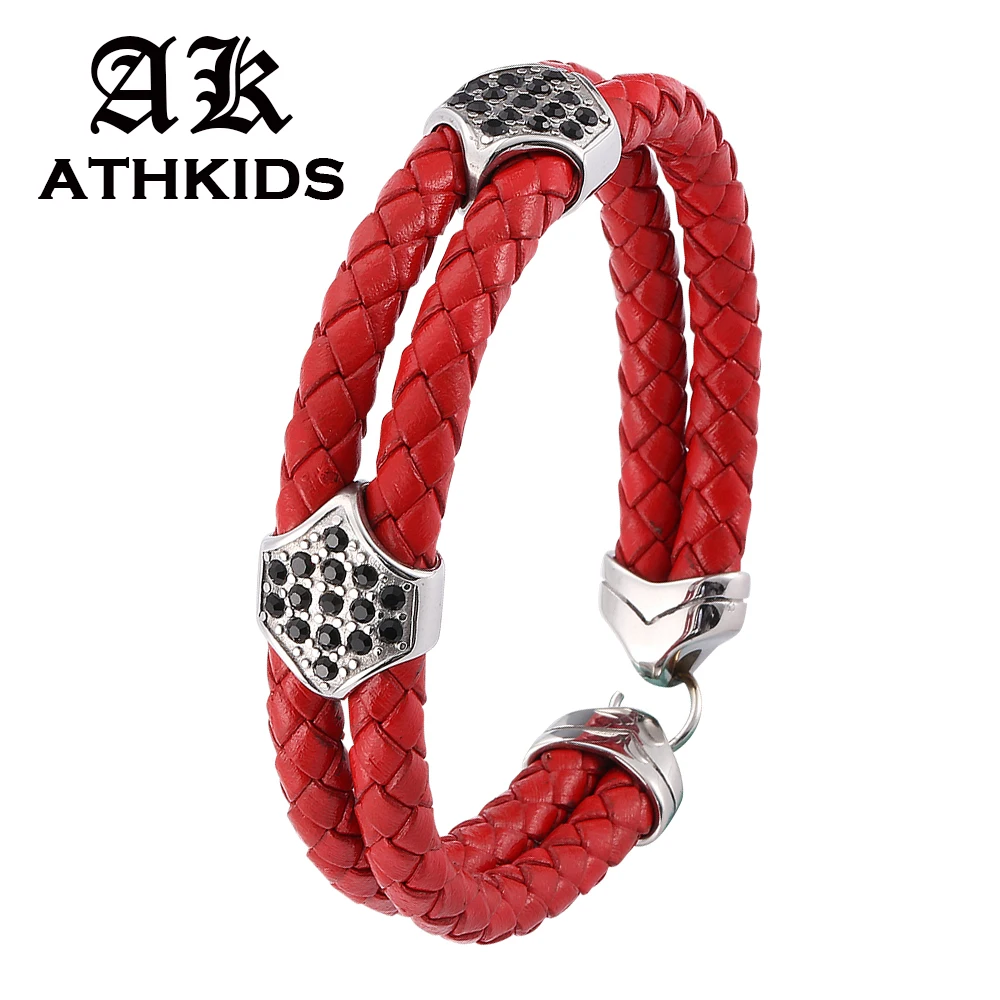 

2019 Fashion Genuine Leather Bracelet Double Layer Red Color Zircon Jewelry Steel Buckle Neutral Accessories Bangles Gift PD0203