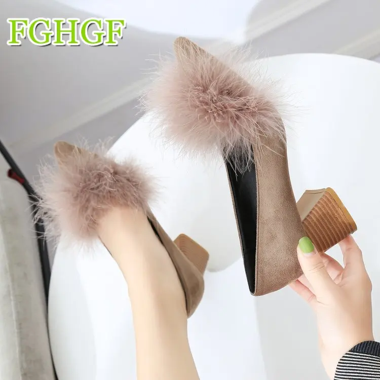 2018 Autumn New Wild Pointed High Heels Shallow Mouth with Hairy Single Shoes Female | Обувь