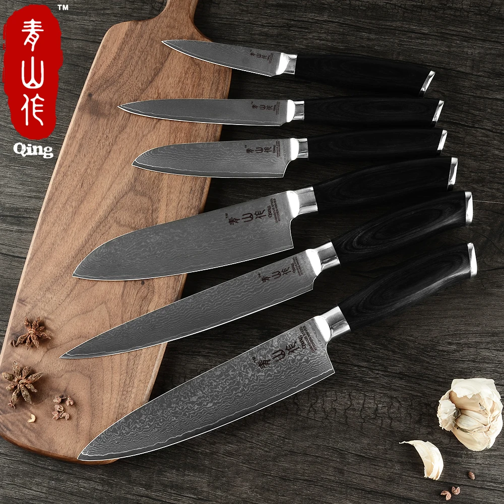 Цин дамасский поварской нож Santoku Дамасская сталь кухонные ножи черного цвета