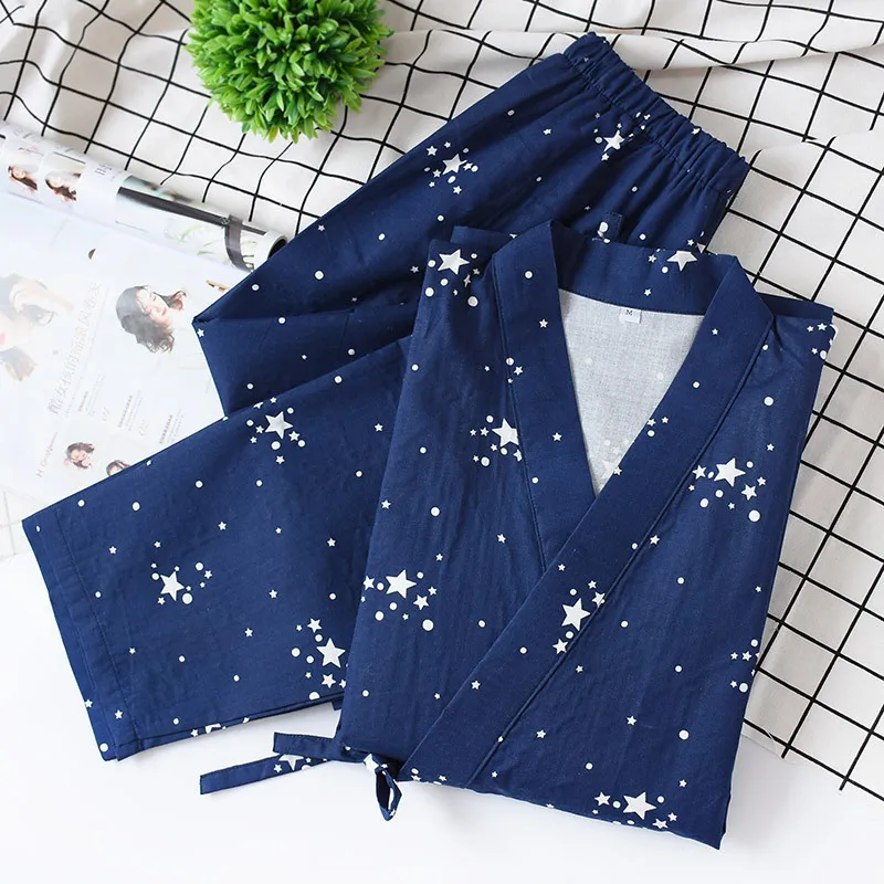 Японское кимоно женский тонкий пижамный комплект из чистого хлопка двухслойный