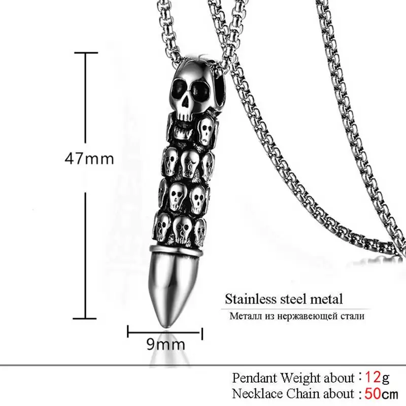ZFVB Винтаж Череп ожерелья с пулей мужские 316L нержавеющая сталь Панк Скелет